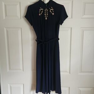 Navy Asymmetrical Dress with Floral Embroidery